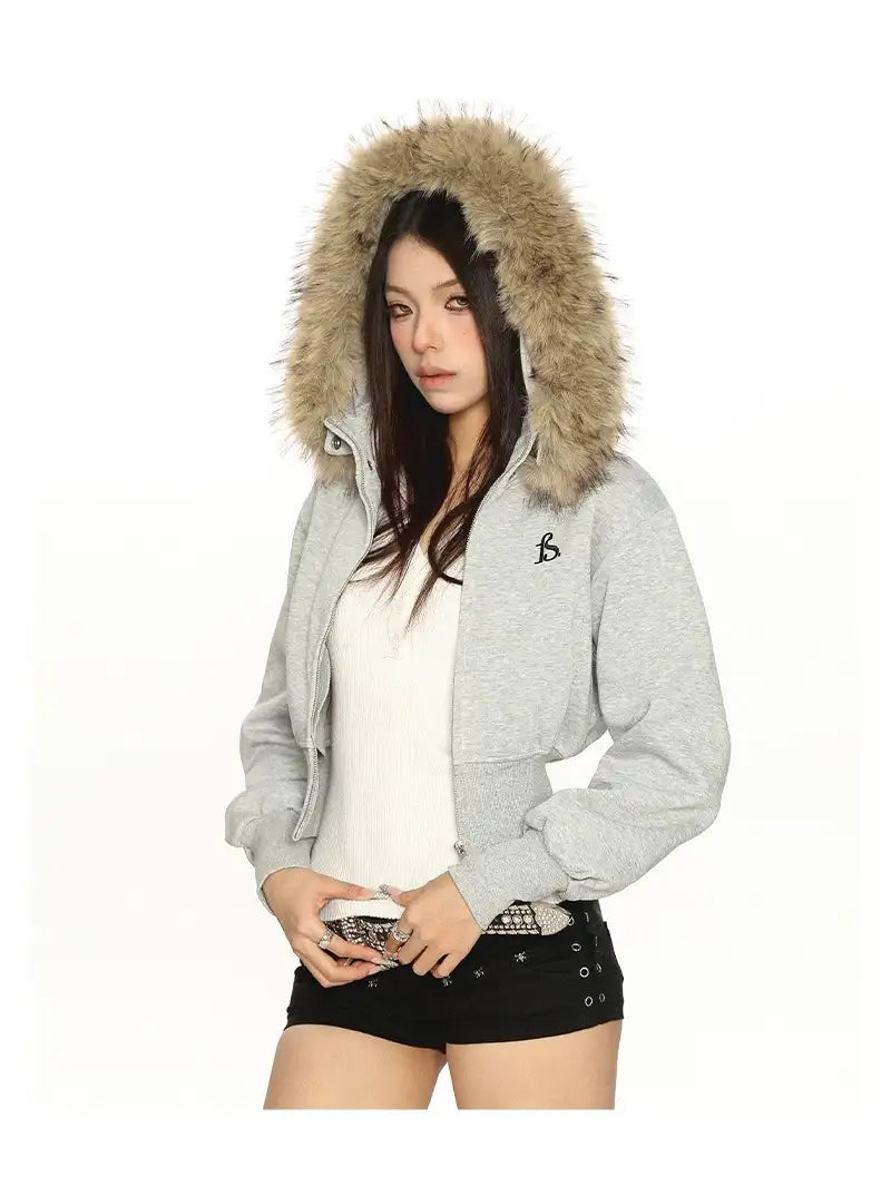 ボリュームファーフードショートジップパーカーy2k