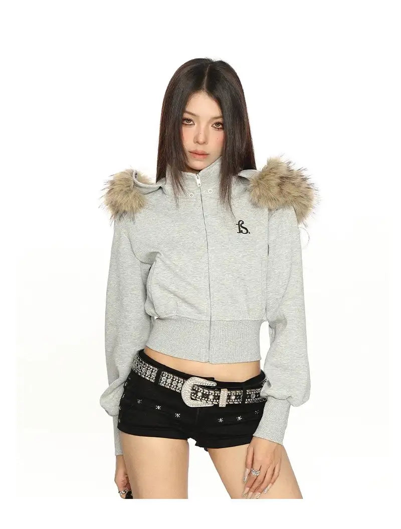 ボリュームファーフードショートジップパーカーy2k