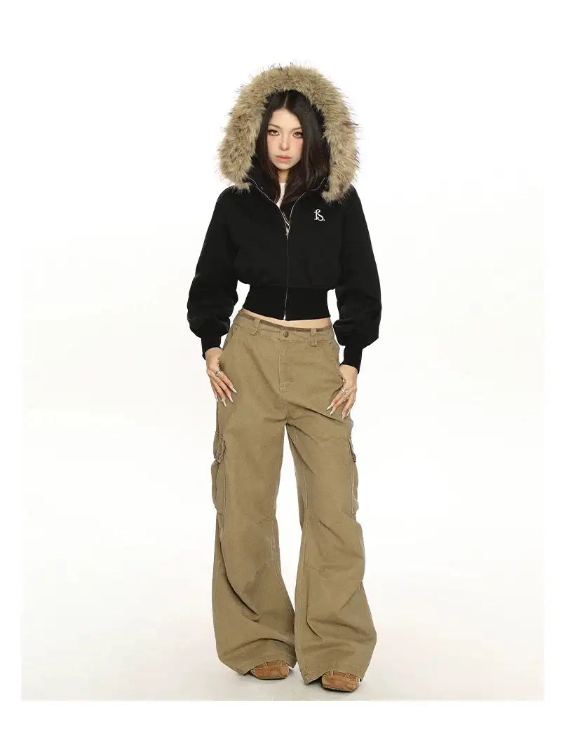 ボリュームファーフードショートジップパーカーy2k