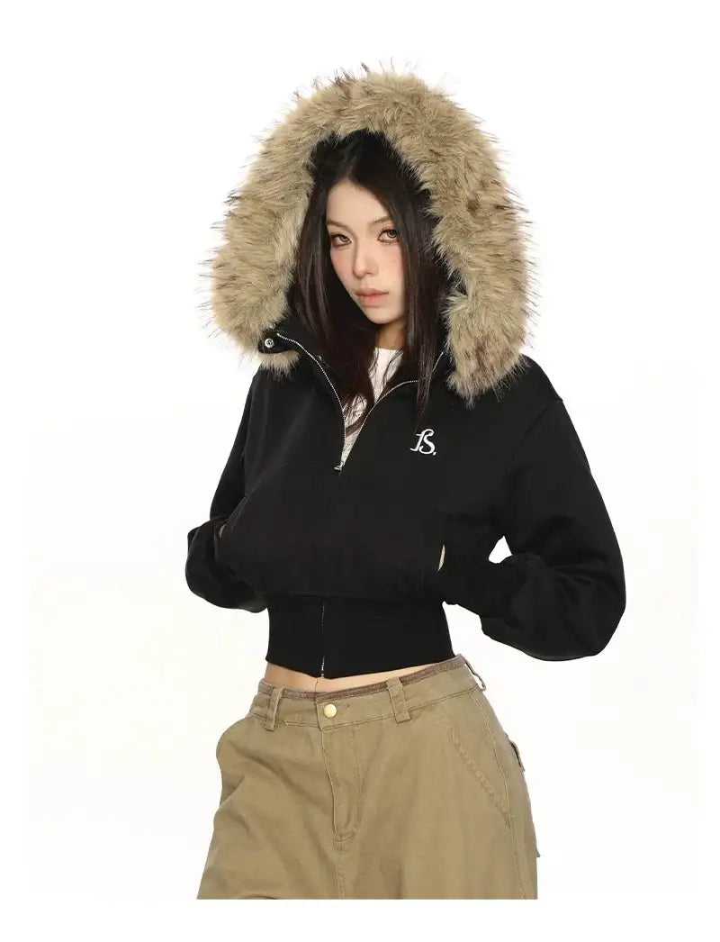 ボリュームファーフードショートジップパーカーy2k