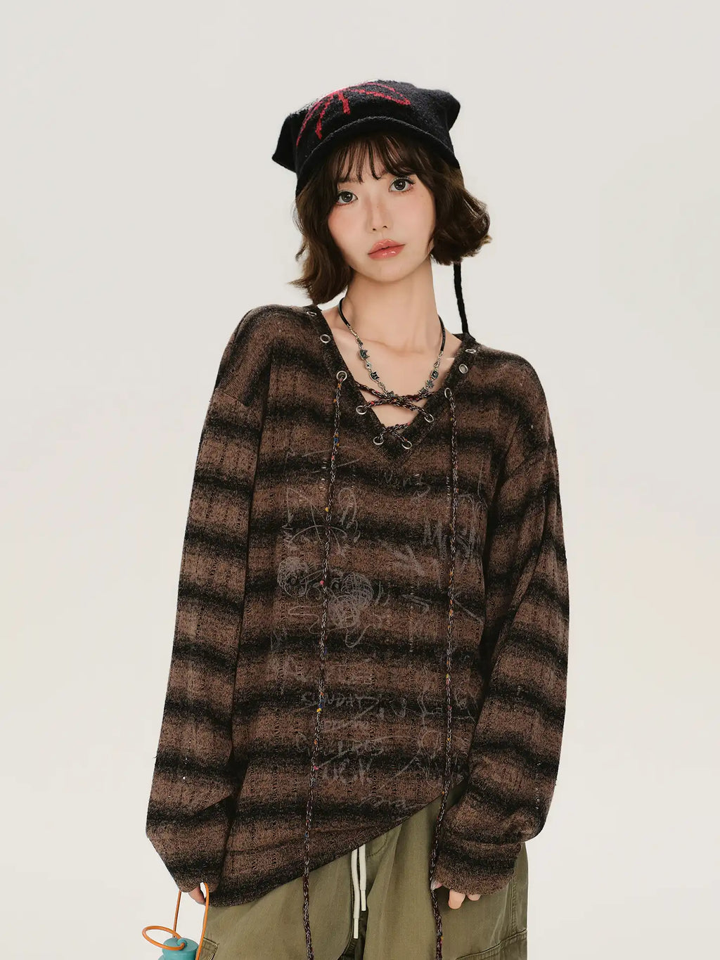 レトロムードVネックストライプロングT    OL1889