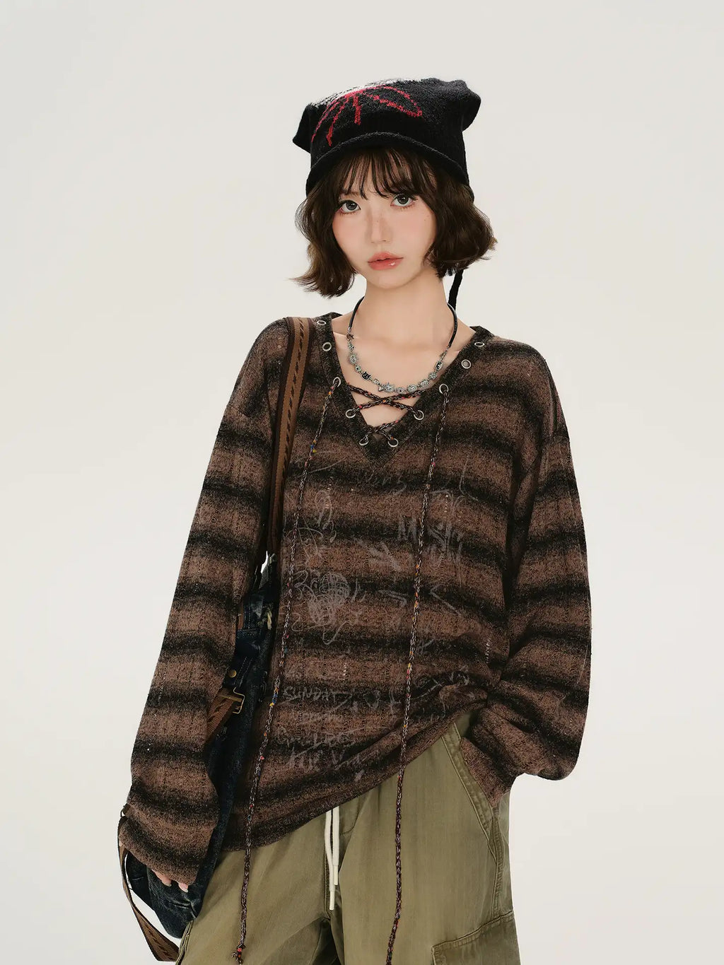 レトロムードVネックストライプロングT    OL1889