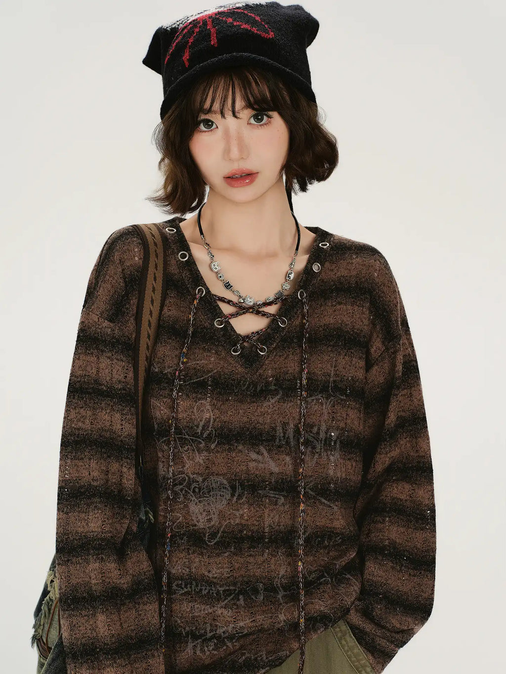 レトロムードVネックストライプロングT    OL1889