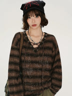 レトロムードVネックストライプロングT    OL1889