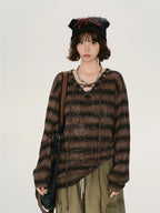 レトロムードVネックストライプロングT    OL1889