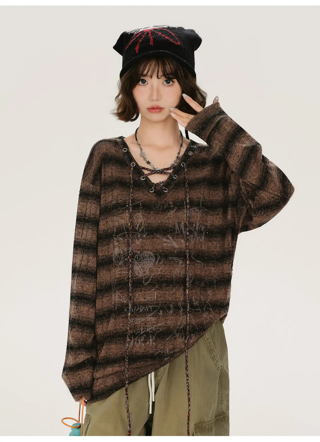 レトロムードVネックストライプロングT    OL1889