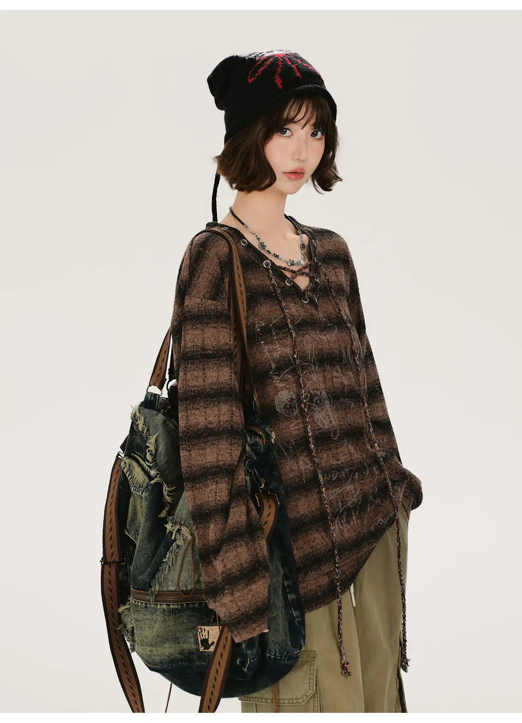 レトロムードVネックストライプロングT    OL1889