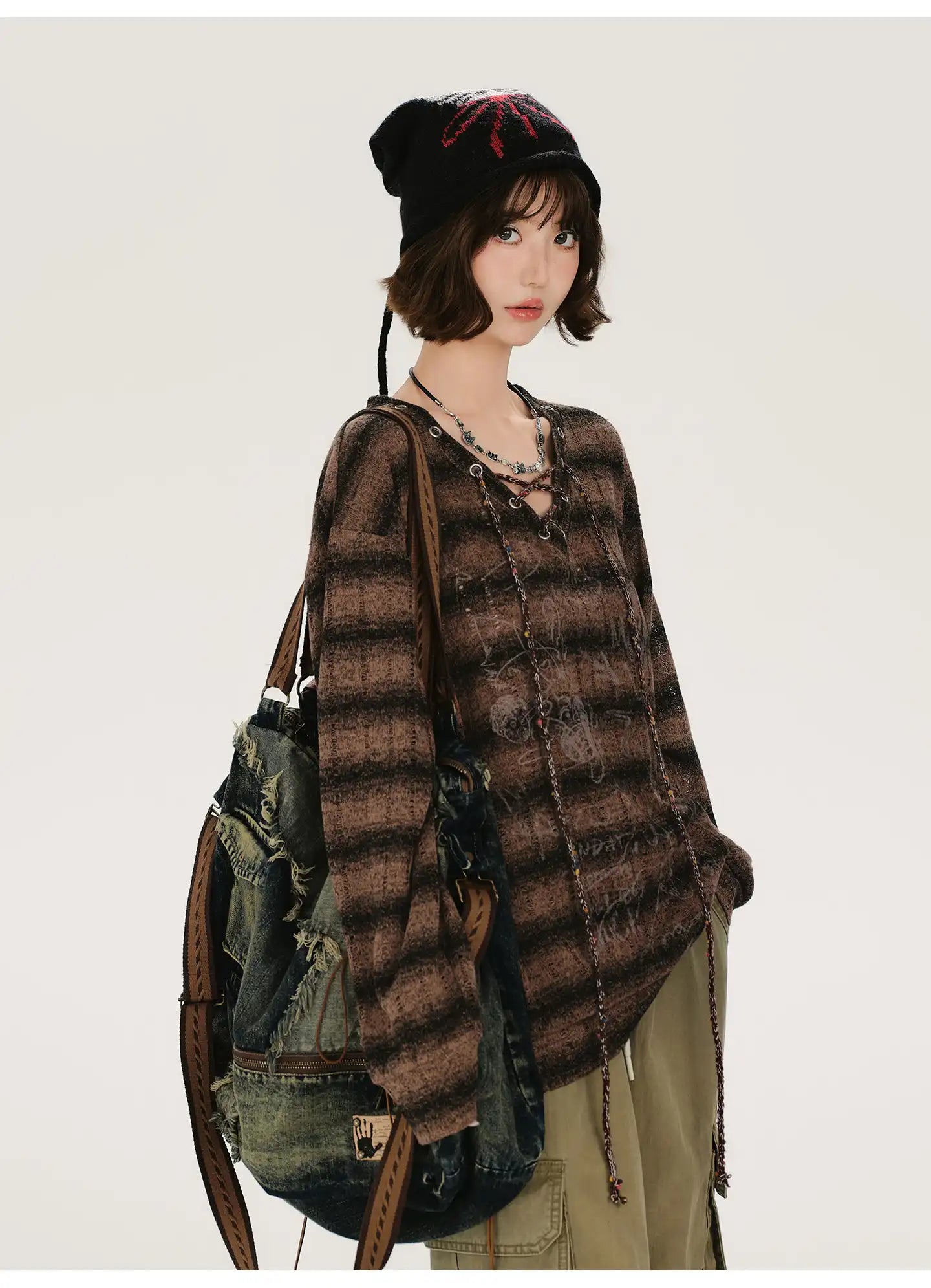 レトロムードVネックストライプロングT    OL1889