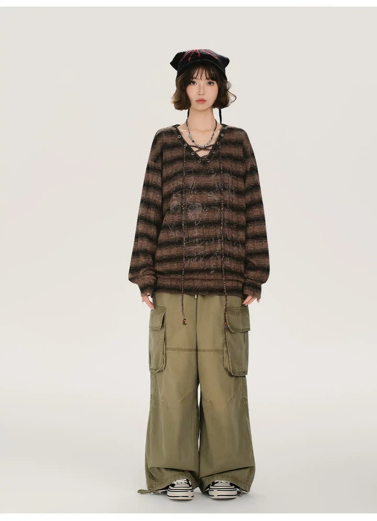 レトロムードVネックストライプロングT    OL1889