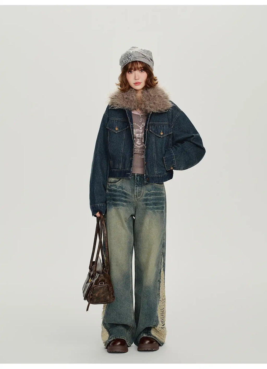 取り外しファー付きデニムショートジャケット    OL1890