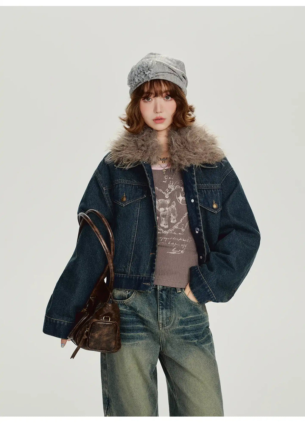 取り外しファー付きデニムショートジャケット    OL1890