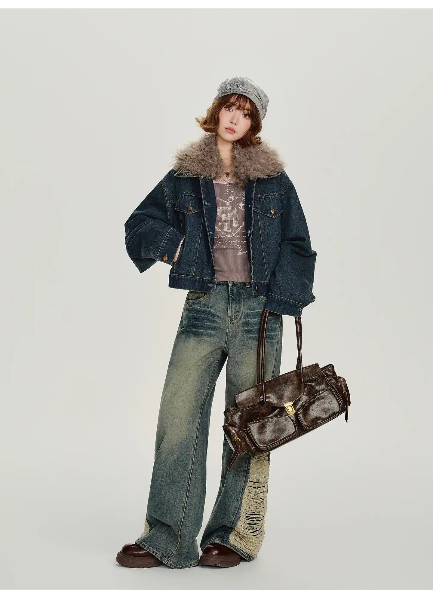 取り外しファー付きデニムショートジャケット    OL1890