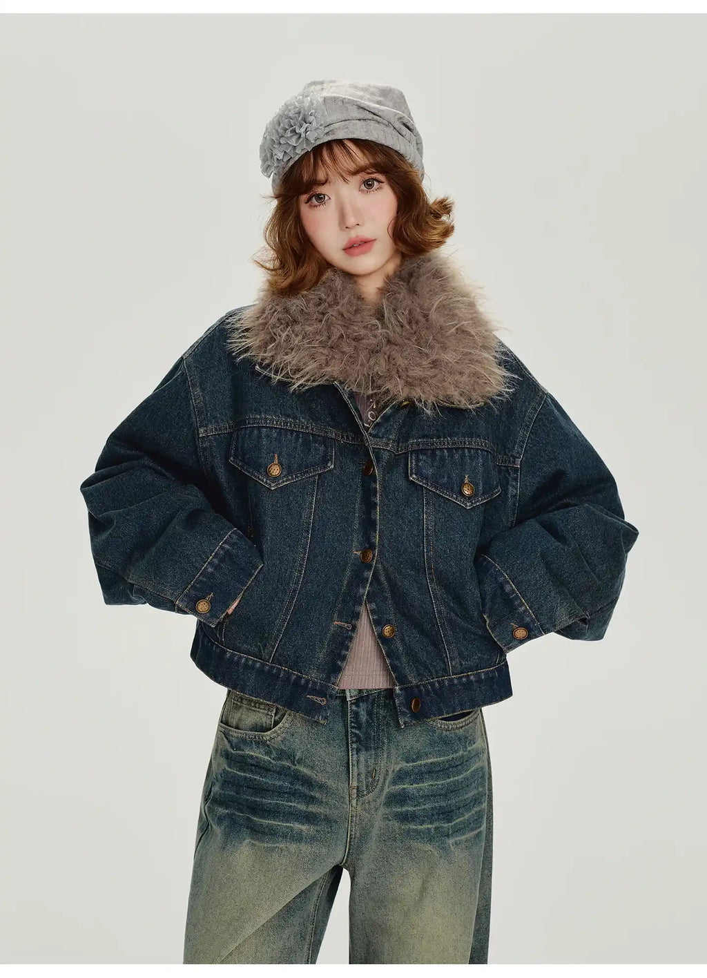 取り外しファー付きデニムショートジャケット    OL1890
