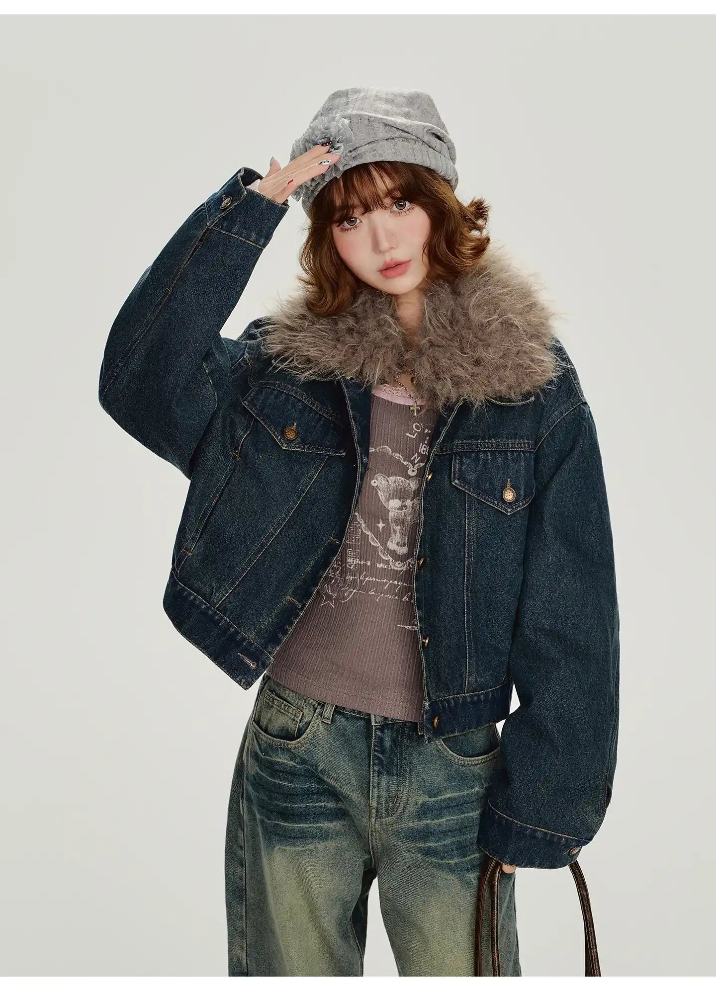 取り外しファー付きデニムショートジャケット    OL1890