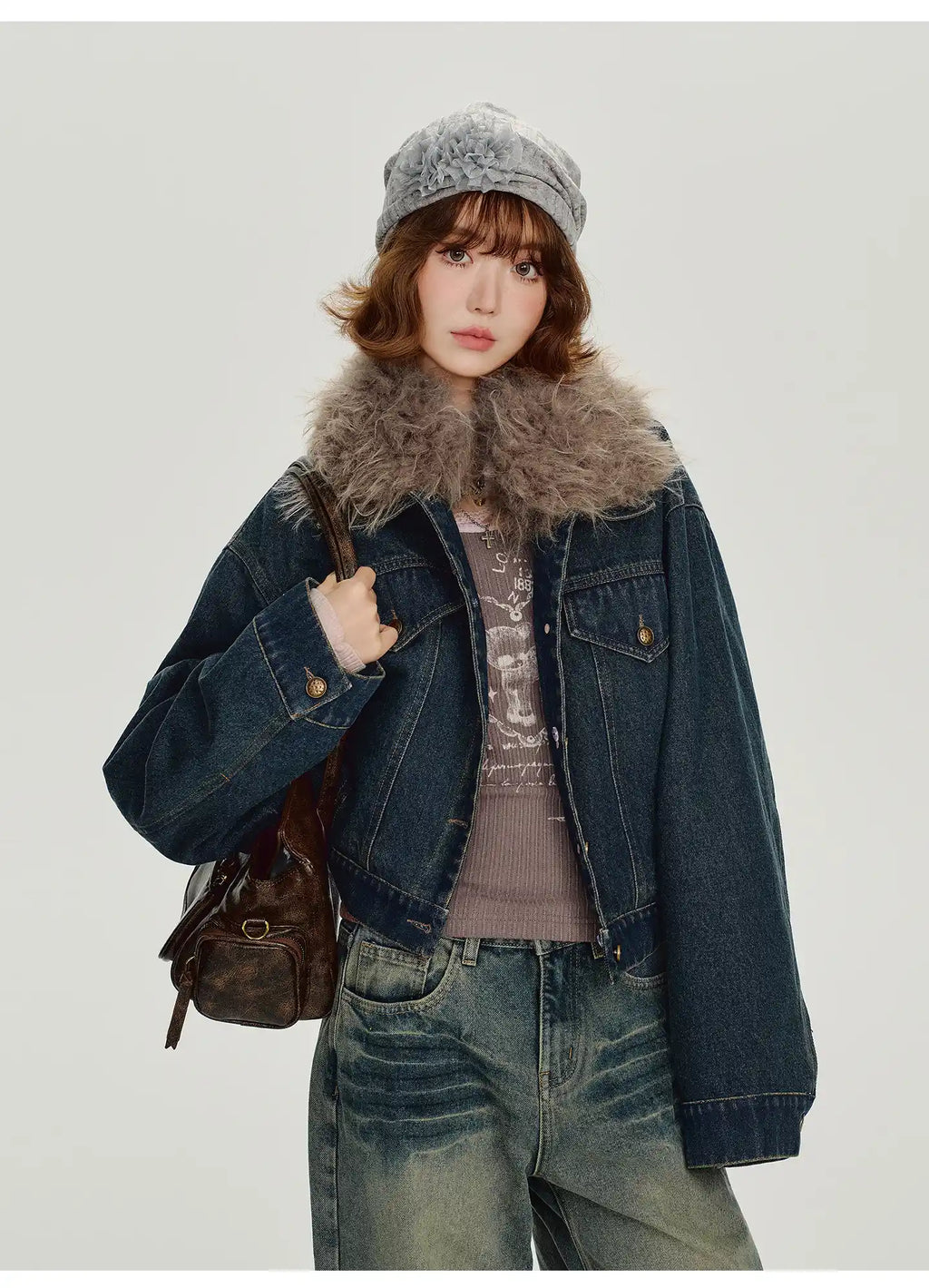 取り外しファー付きデニムショートジャケット    OL1890