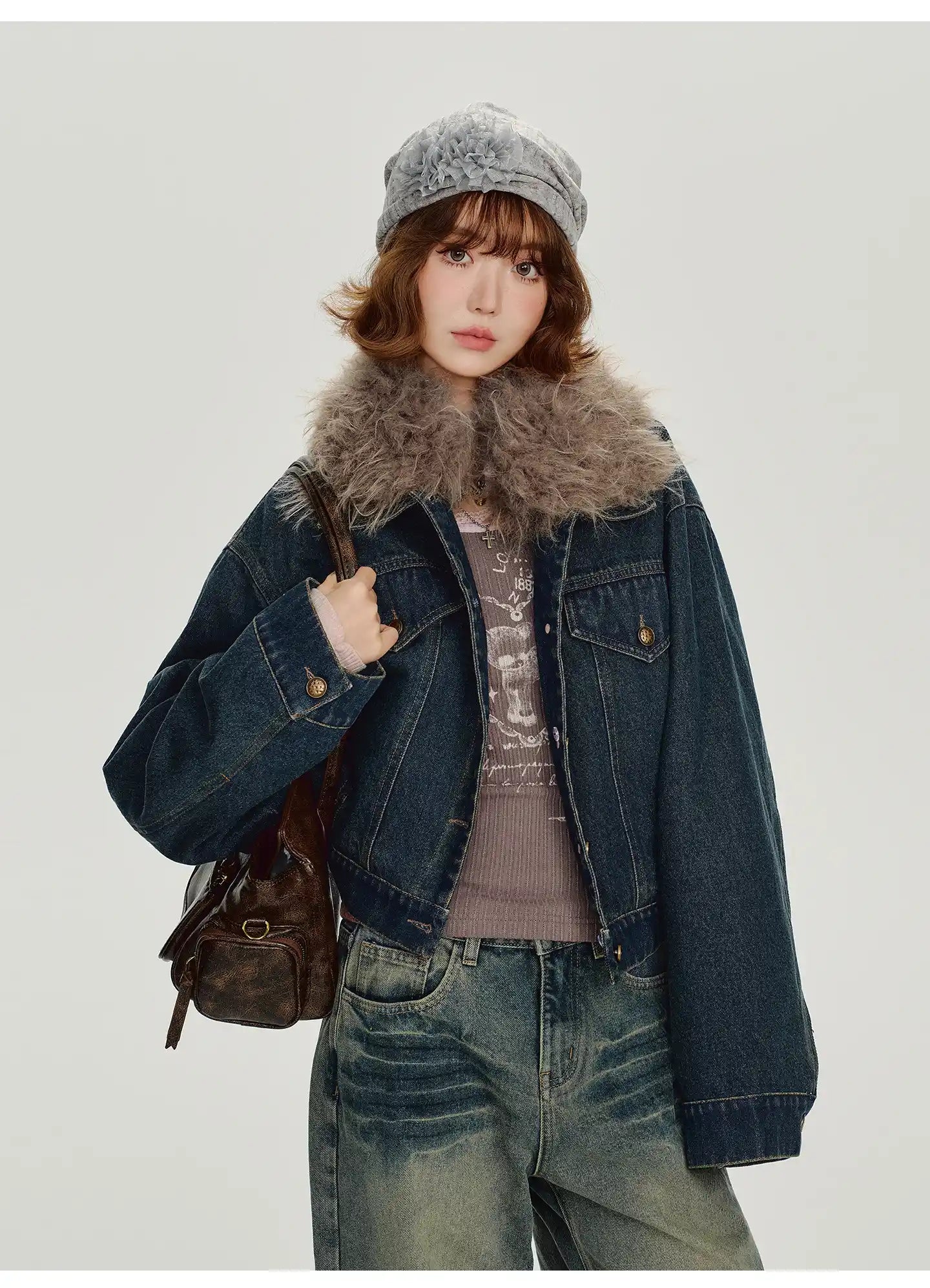 取り外しファー付きデニムショートジャケット    OL1890