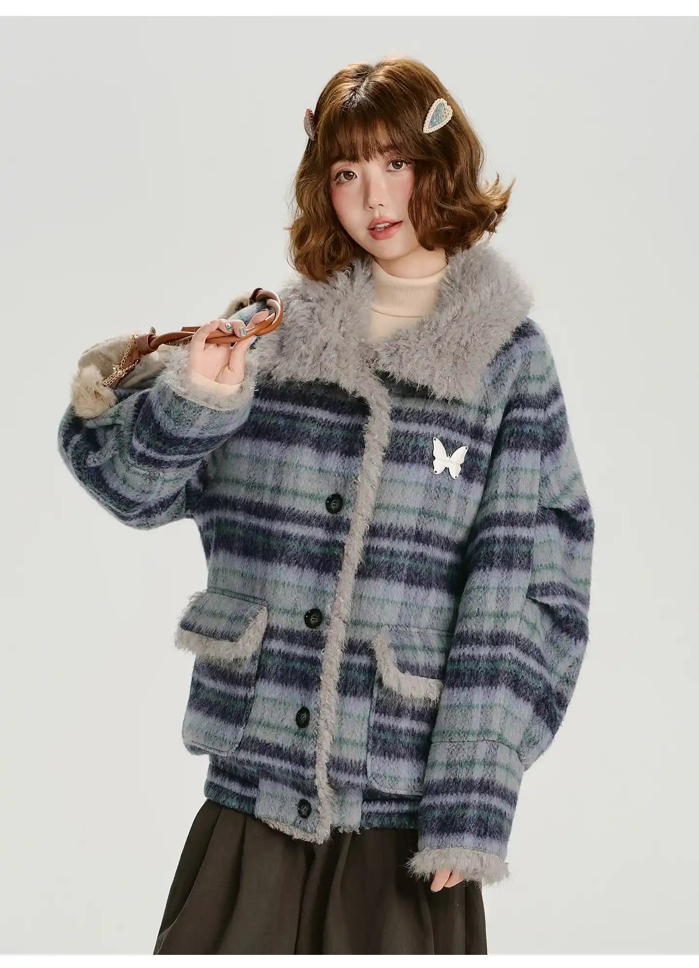 フェイクファー付きチェックコート    OL1894