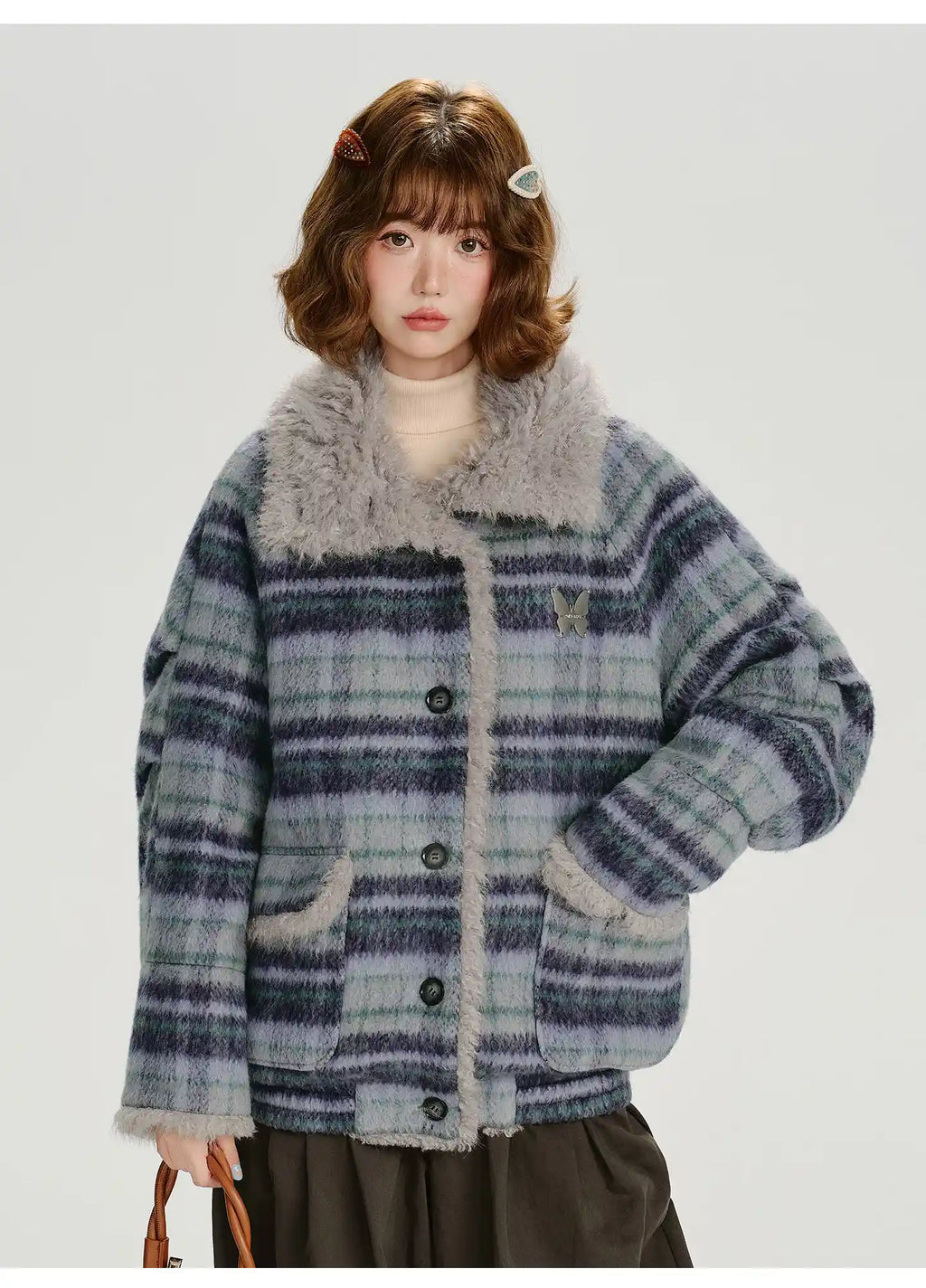 フェイクファー付きチェックコート    OL1894