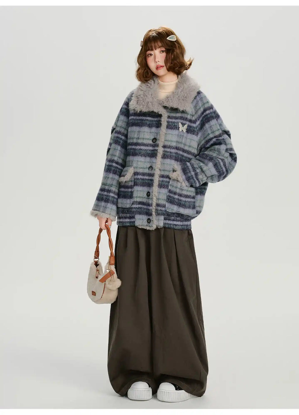 フェイクファー付きチェックコート    OL1894