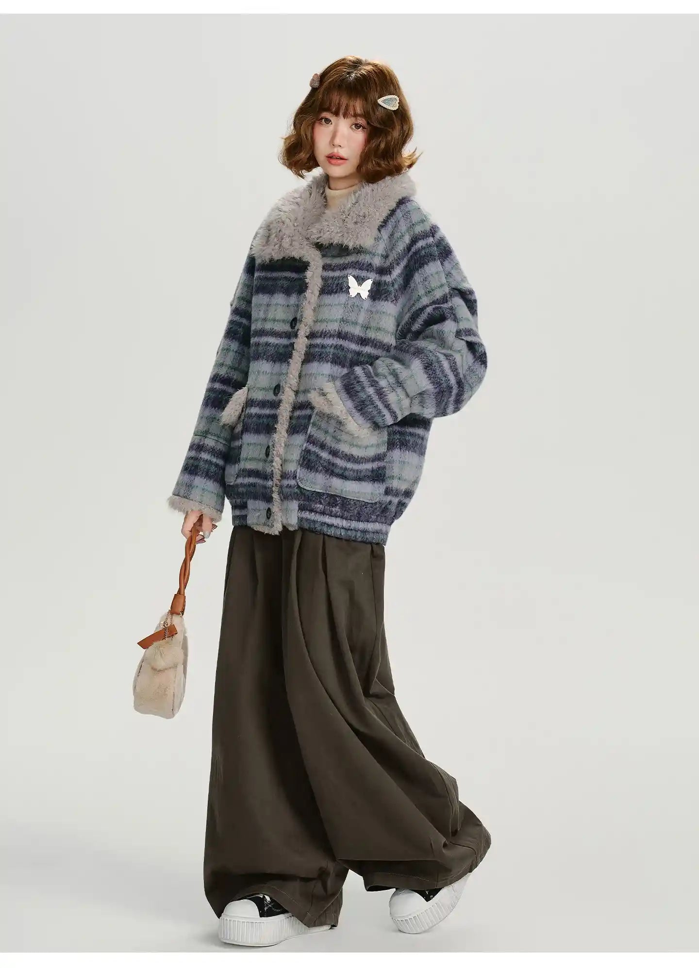 フェイクファー付きチェックコート    OL1894