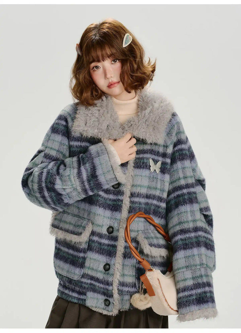 フェイクファー付きチェックコート    OL1894