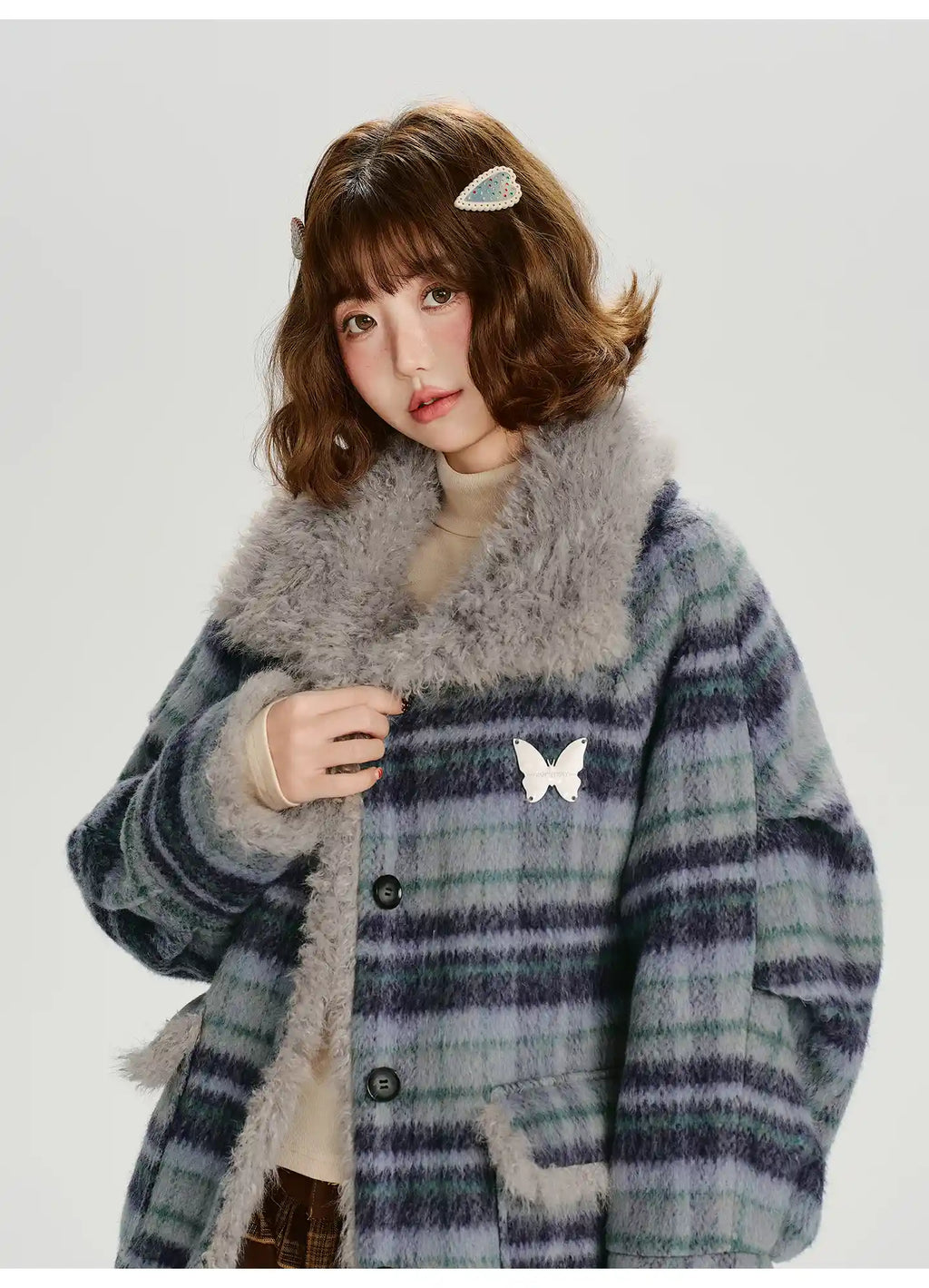 フェイクファー付きチェックコート    OL1894