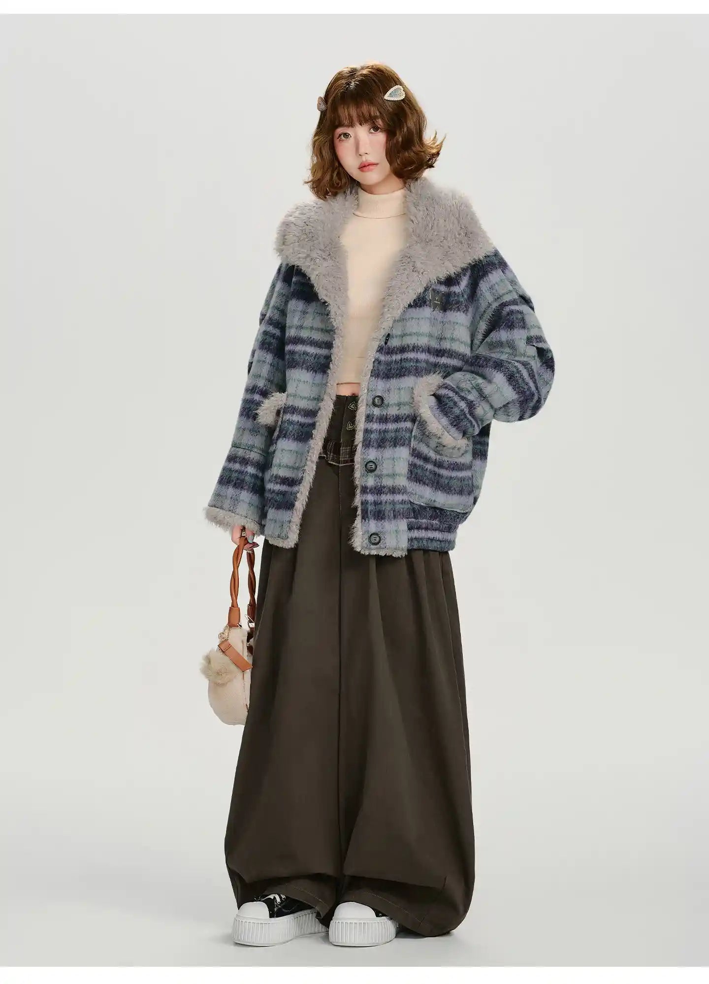 フェイクファー付きチェックコート    OL1894