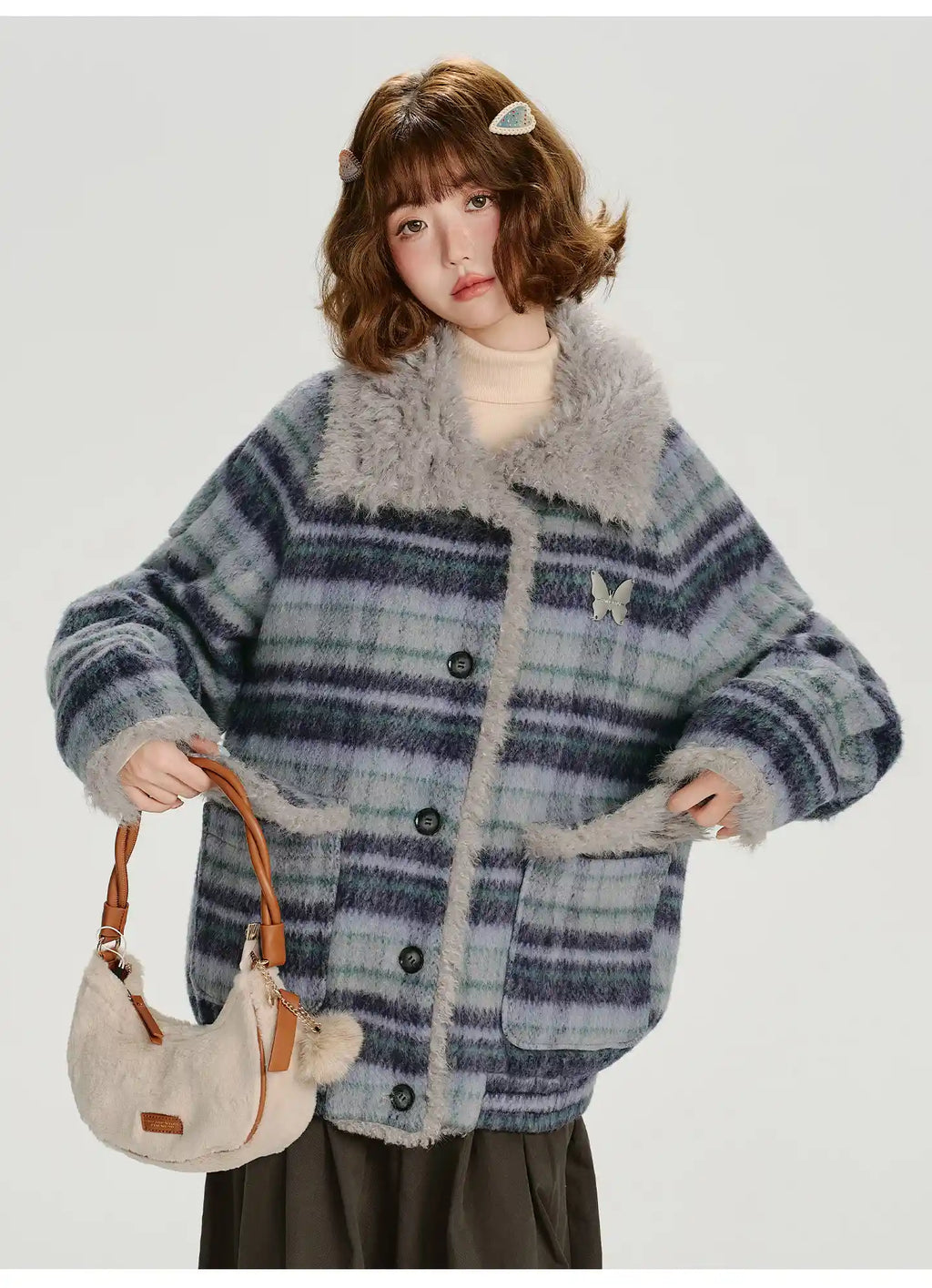 フェイクファー付きチェックコート    OL1894