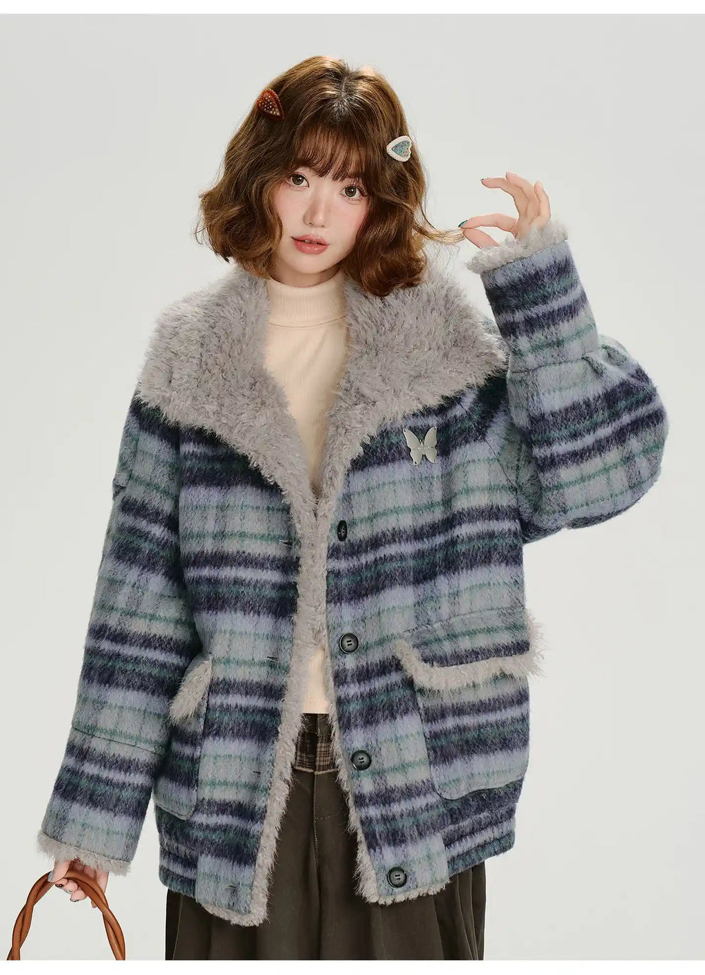 フェイクファー付きチェックコート    OL1894