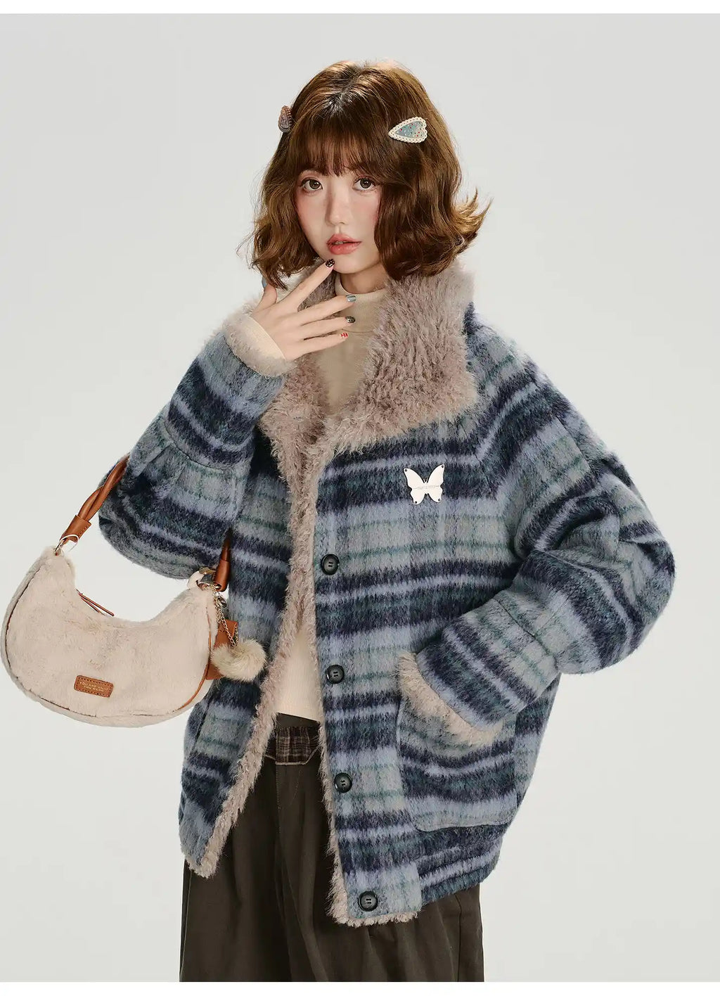 フェイクファー付きチェックコート    OL1894