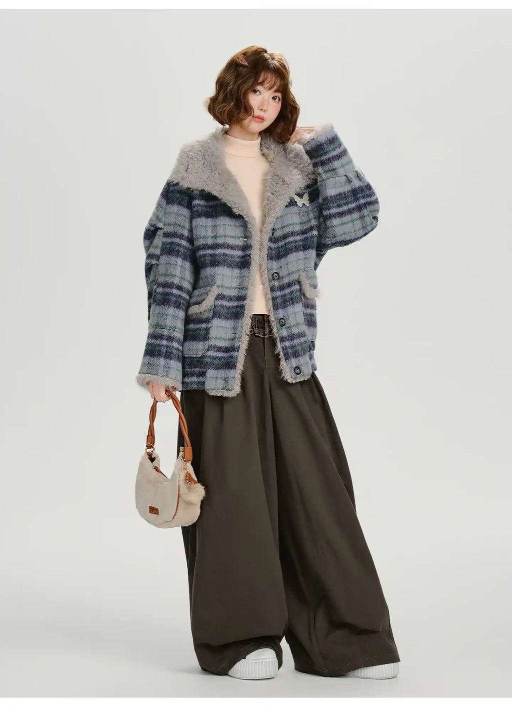 フェイクファー付きチェックコート    OL1894