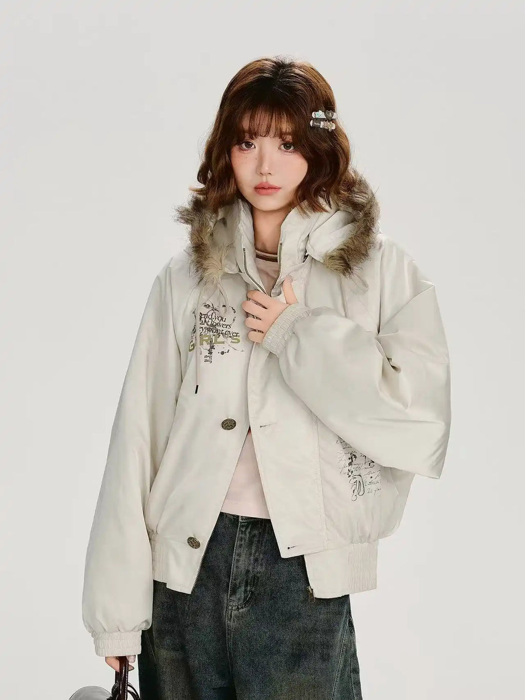 ホワイトショートダウン ファーフード付き    OL1900