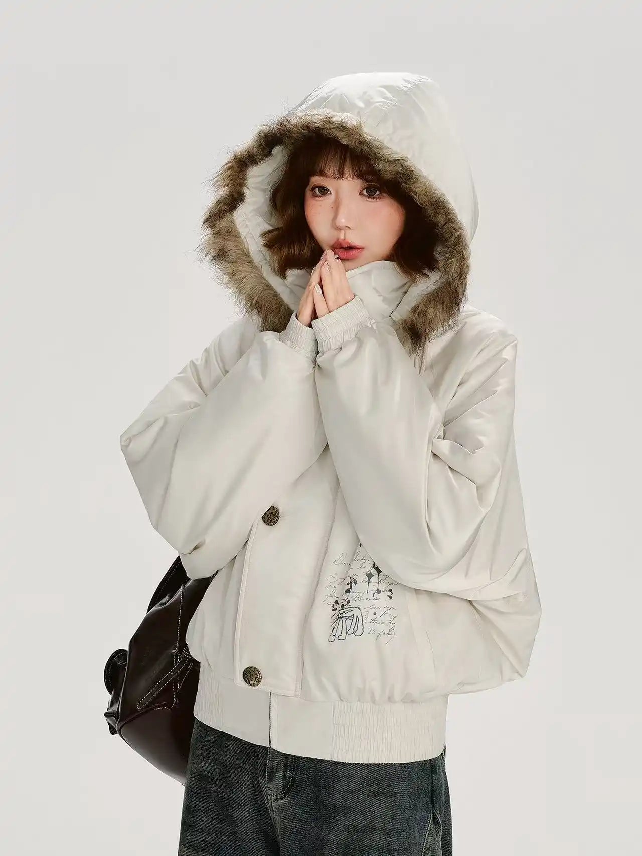 ホワイトショートダウン ファーフード付き    OL1900