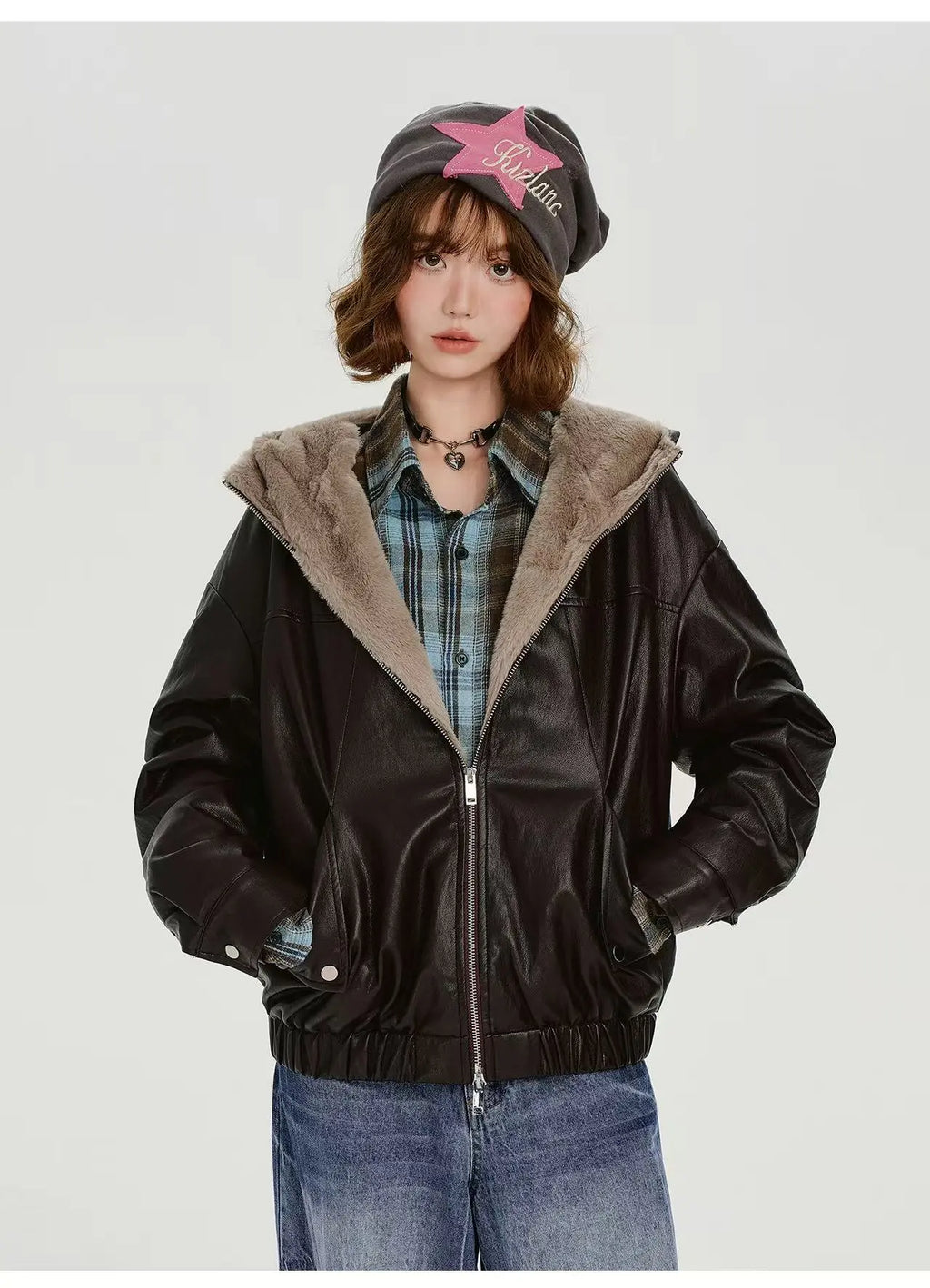 ボア×フェイクレザージャケット    OL1903
