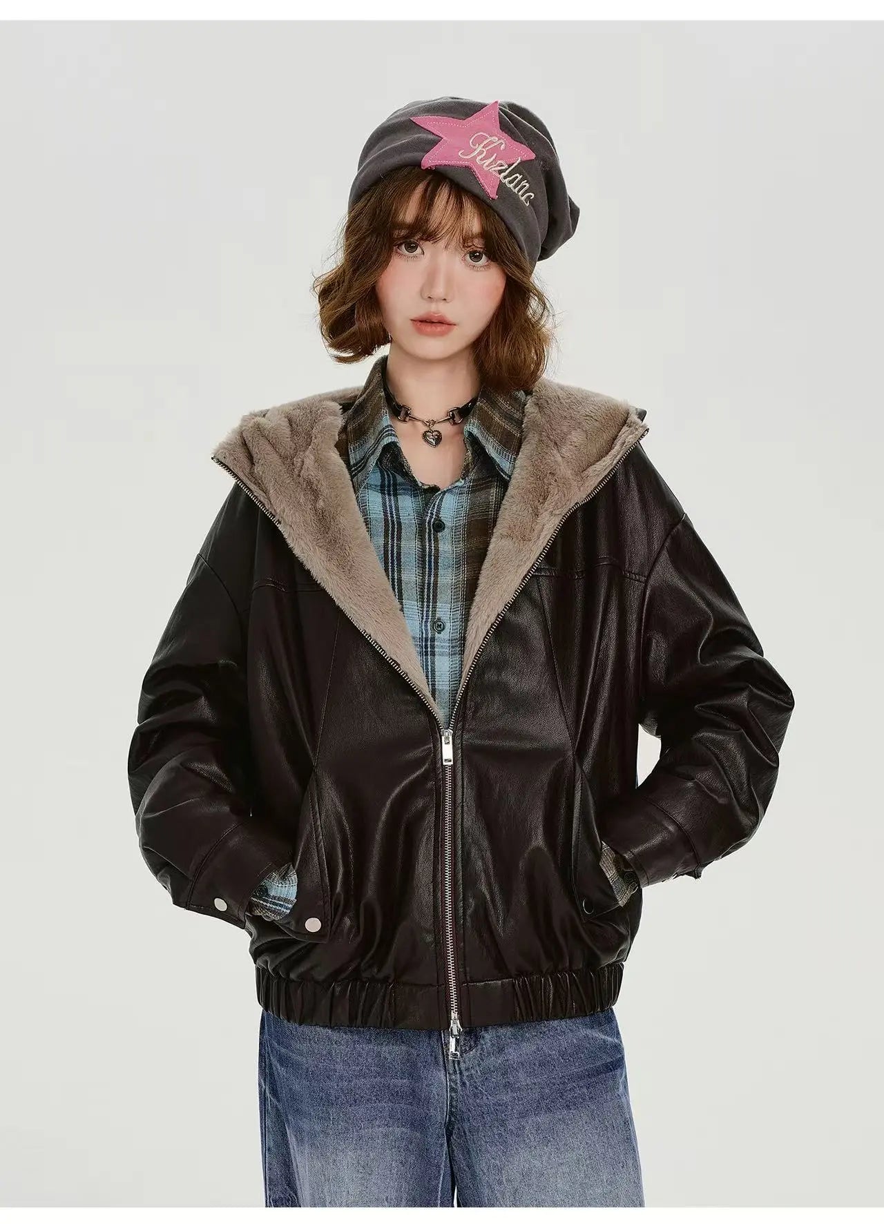 ボア×フェイクレザージャケット    OL1903