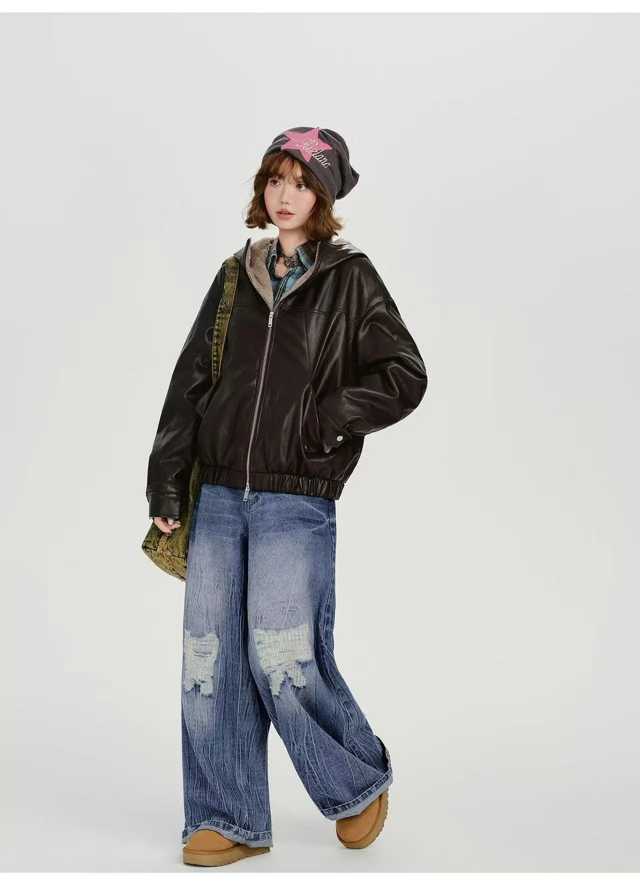 ボア×フェイクレザージャケット    OL1903