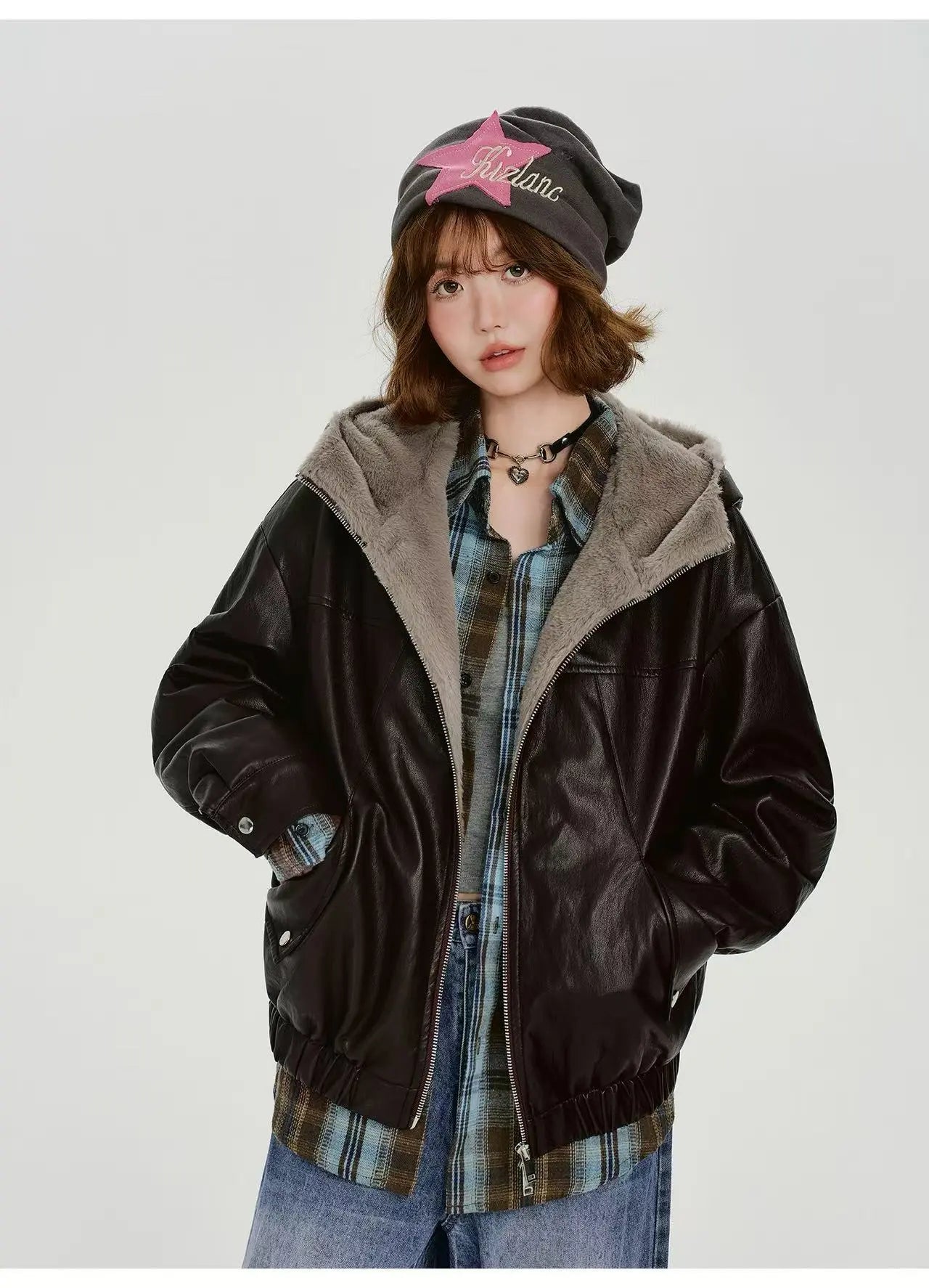 ボア×フェイクレザージャケット    OL1903