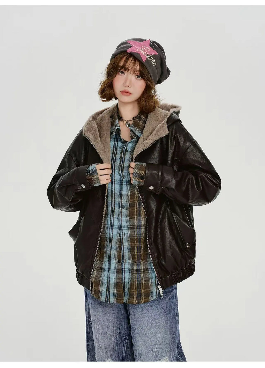 ボア×フェイクレザージャケット    OL1903