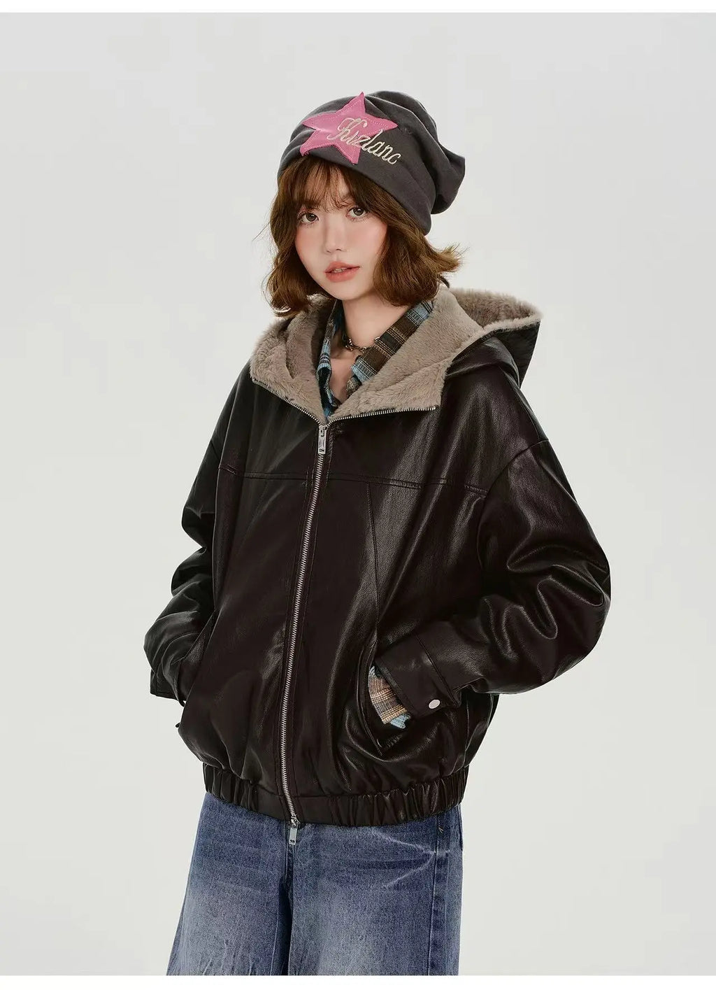 ボア×フェイクレザージャケット    OL1903