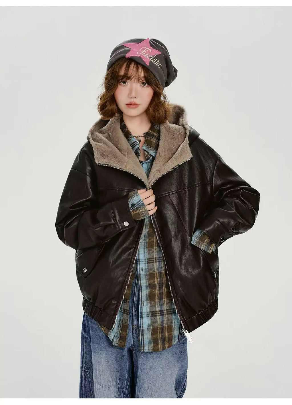 ボア×フェイクレザージャケット    OL1903