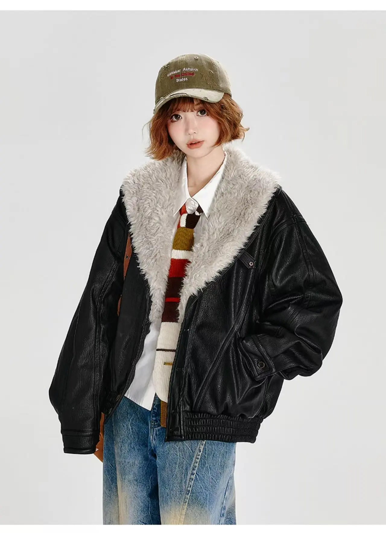 フェイクレザーボアジャケット ブラック    OL1905