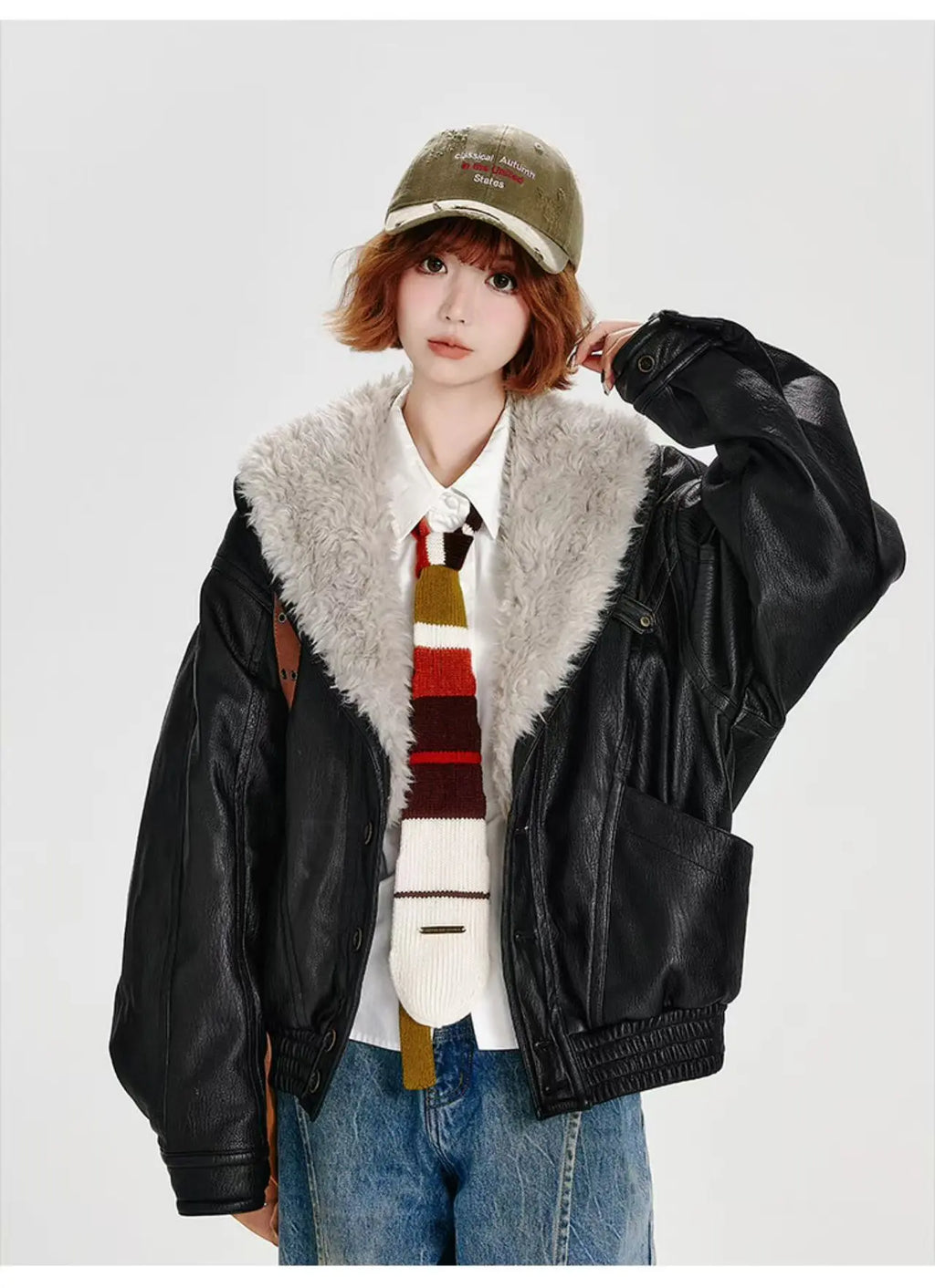 フェイクレザーボアジャケット ブラック    OL1905