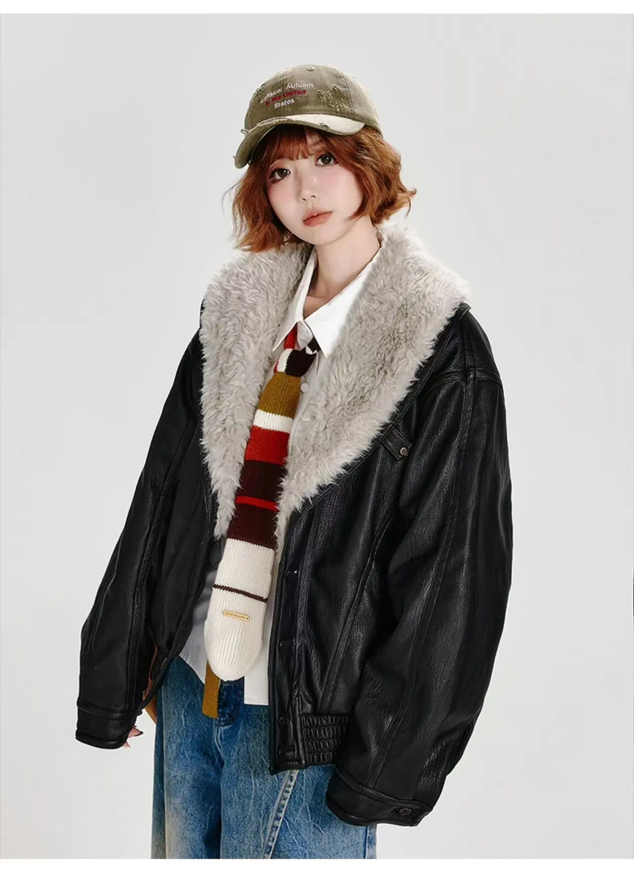 フェイクレザーボアジャケット ブラック    OL1905