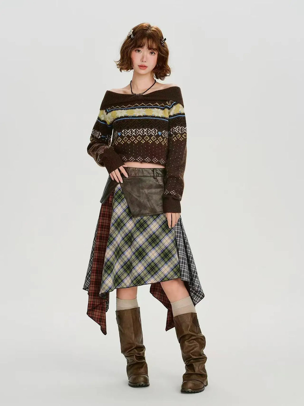 レザー切替チェックスカート デザイン感ミニ    OL1909