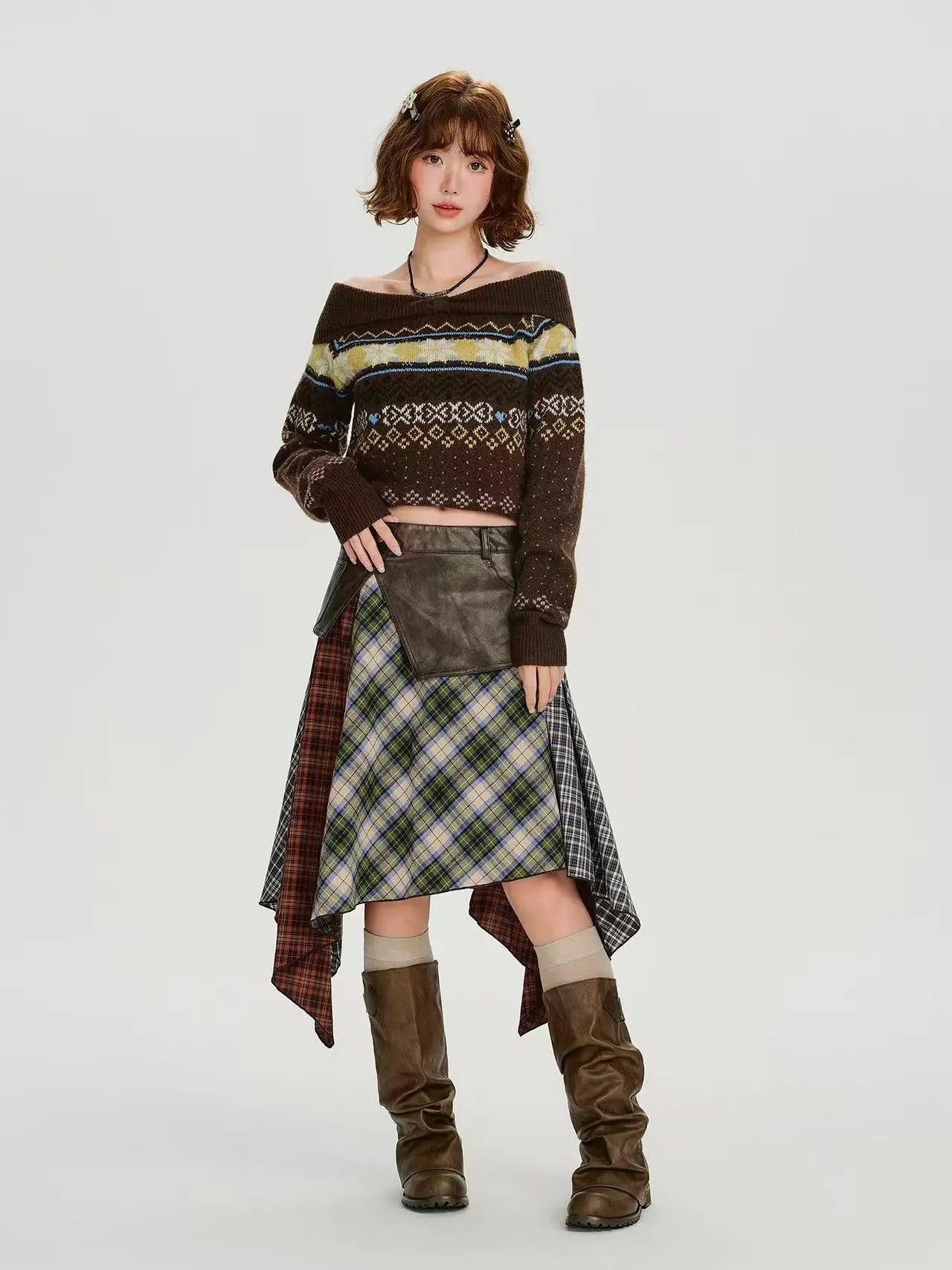 レザー切替チェックスカート デザイン感ミニ    OL1909