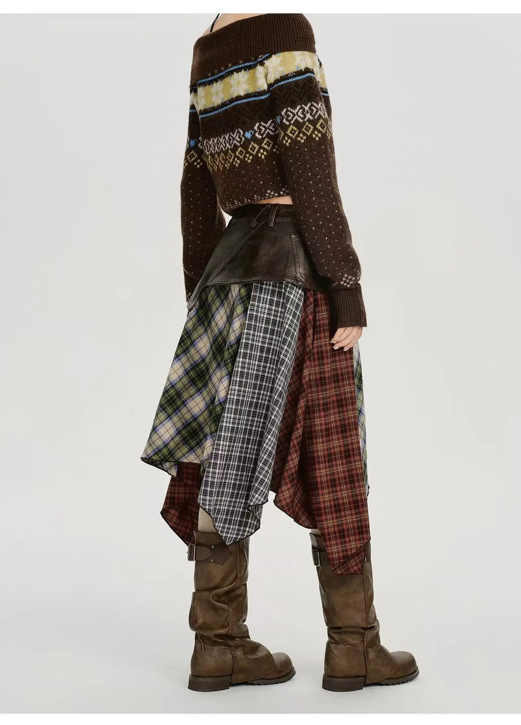 Leather Contrast Check Mini Skirt    OL1909