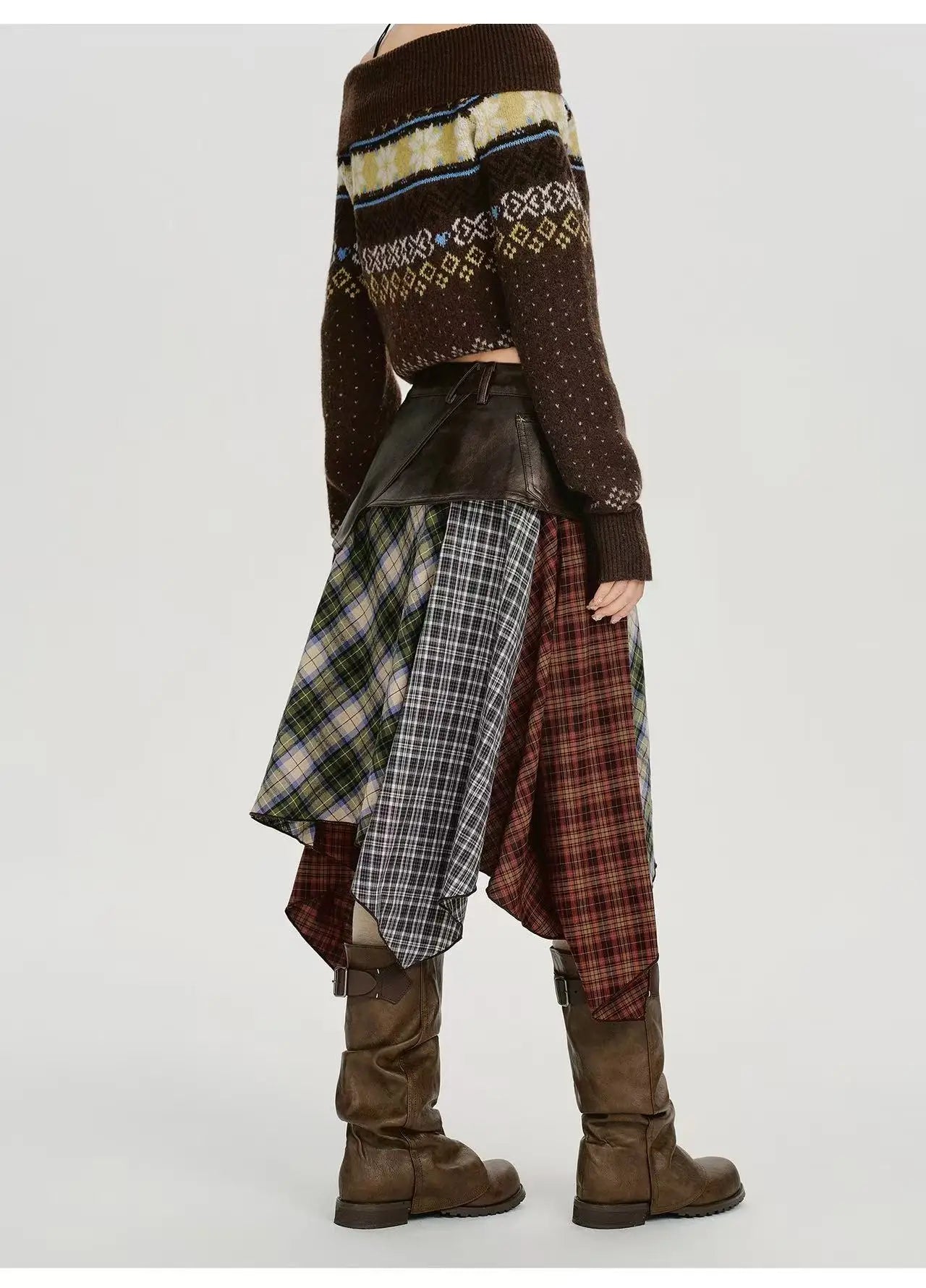 Leather Contrast Check Mini Skirt    OL1909