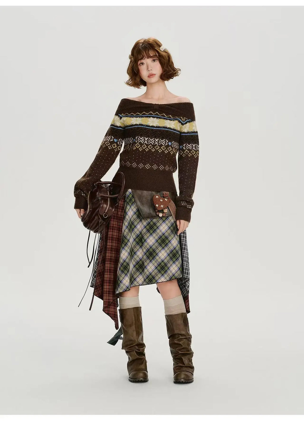 Leather Contrast Check Mini Skirt    OL1909