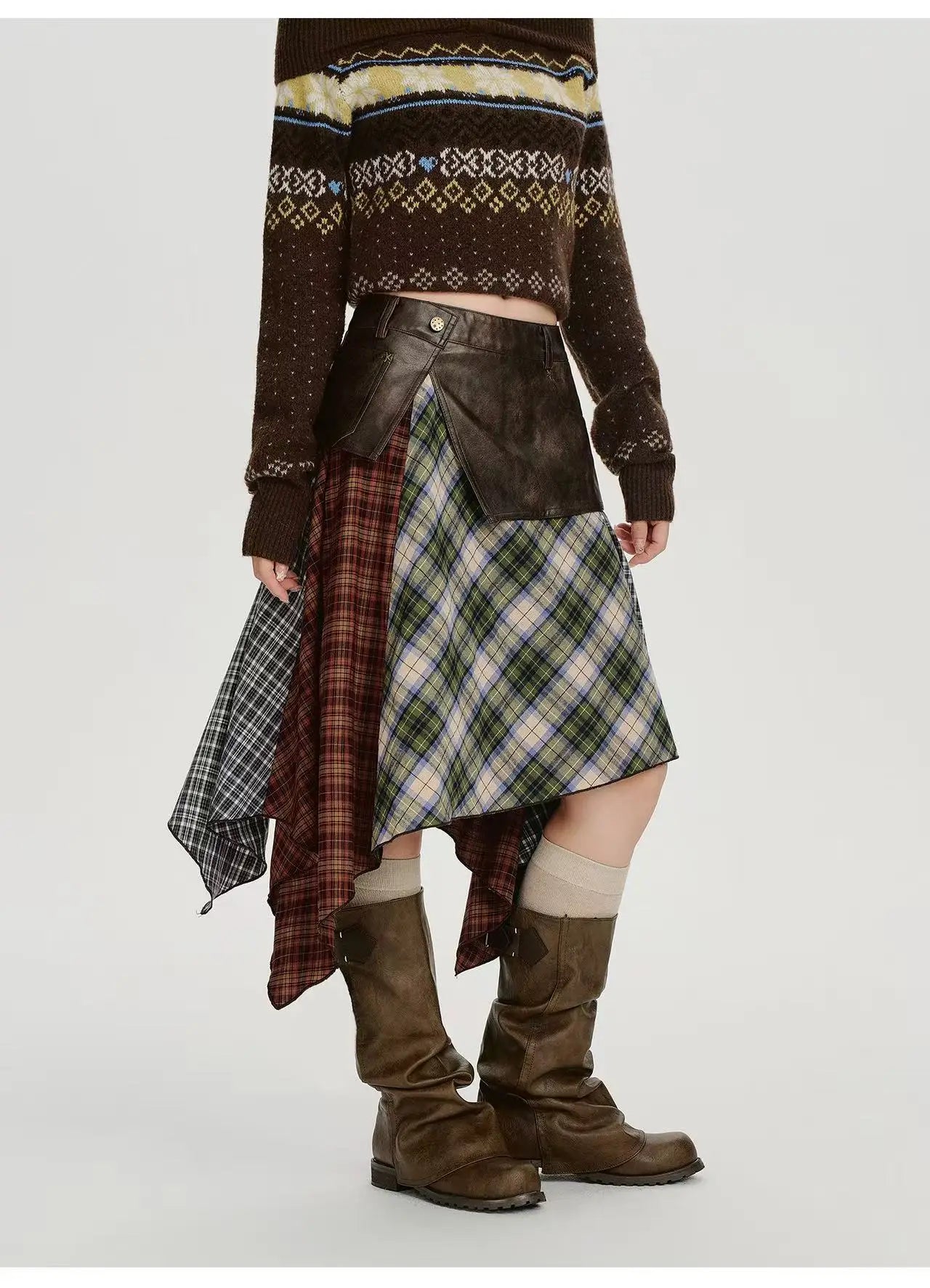 Leather Contrast Check Mini Skirt    OL1909