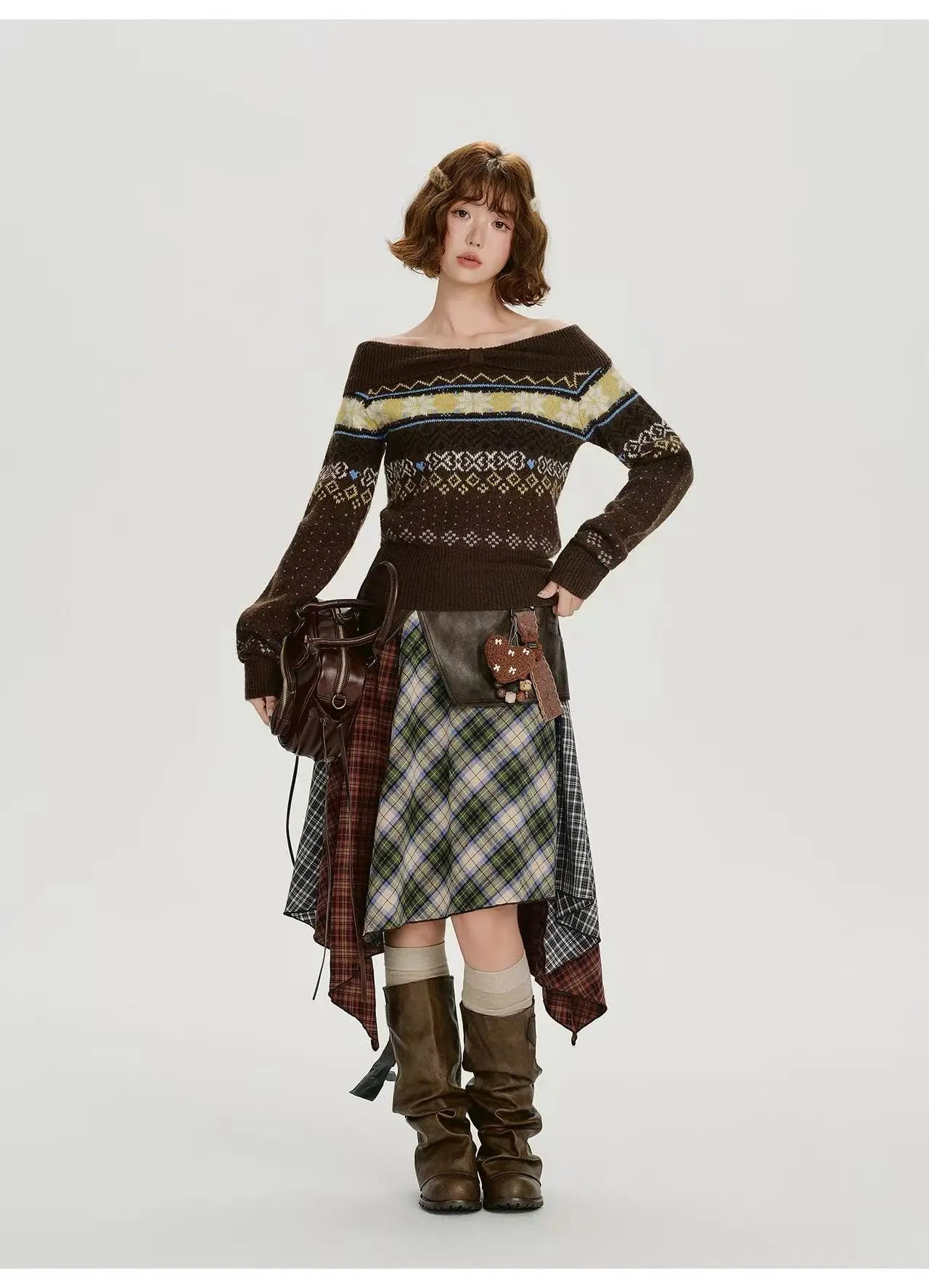 Leather Contrast Check Mini Skirt    OL1909